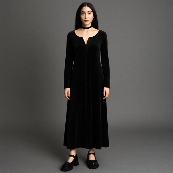 FLAX VTG 90s Y2K Velvet Black Maxi Dress Goth Jeanne Engelhart Womens Medium - Picture 1 of 10